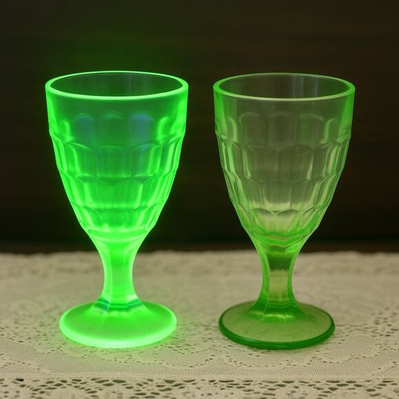 Jeannette Uranium Green Paneled Glass Goblets Set of 2 – 2.75x5.75 – Glows UV - Picture 1 of 6